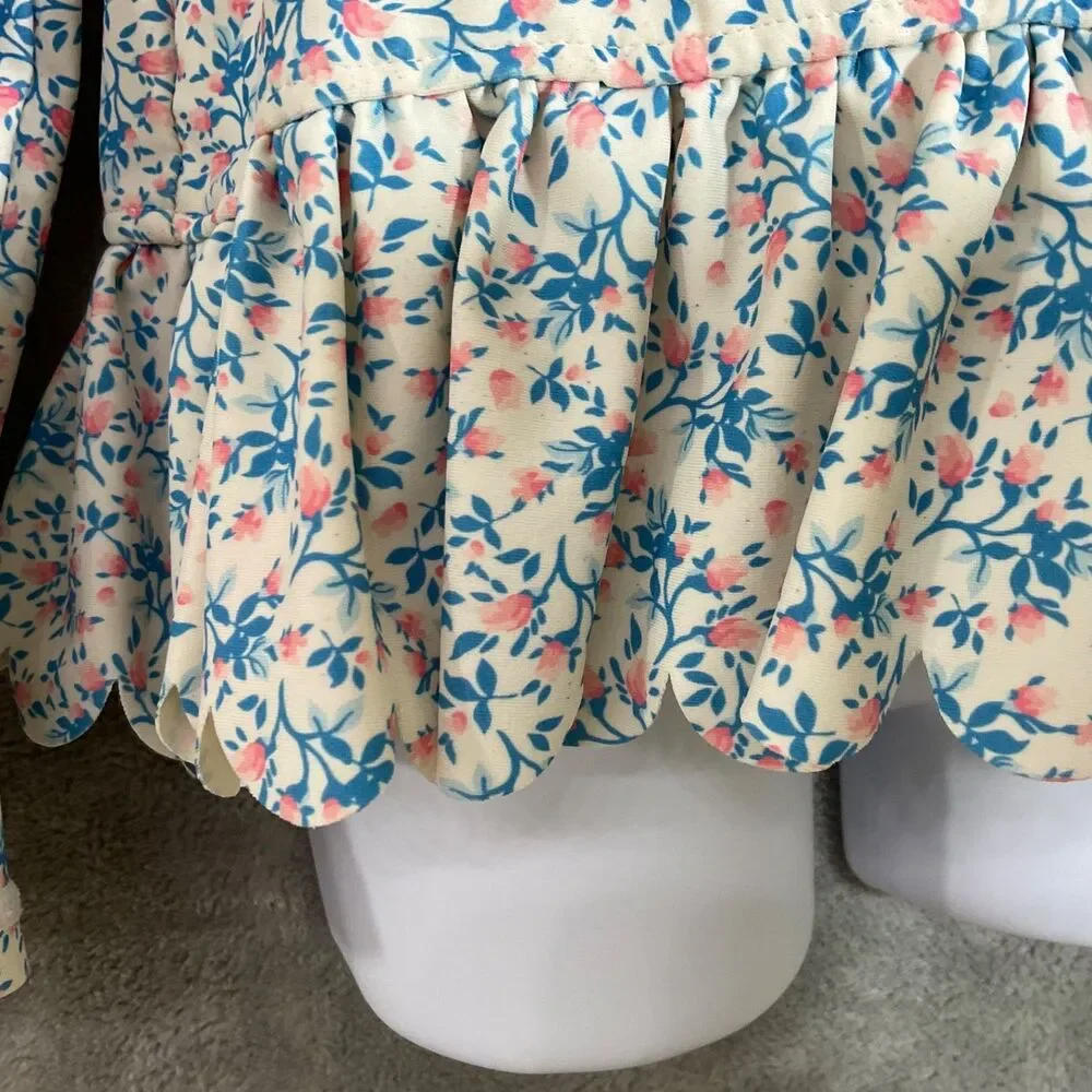 Ruffle Butts Girls Blue/Pink Floral Rash Guard Top Only Size 8 long sleeve